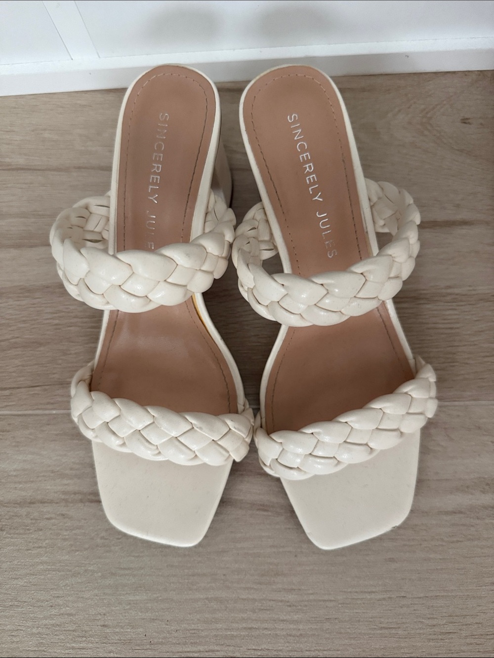 Sincerly Jules Cream Braided Two-Strap Block Heel Slides